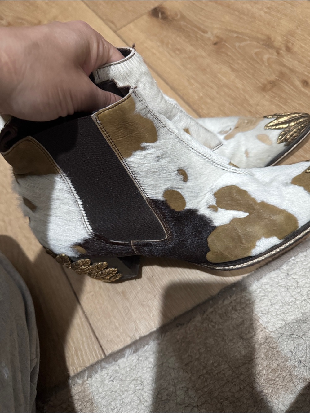 Gold-Embellished Cowhide Ankle Booties with Tribal Medallion vintage *price firm - Picture 2 of 7